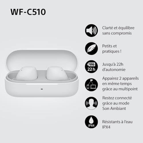 Sony WF-C510 Truly Wireless Bluetooth In-Ear Earbuds, Small, Lightweight, Multipoint Connection, Ambient Sound, IPX4, Spotify Tap, Fast Charge, Battery up to 22h, iOS and Android – White - Image 4