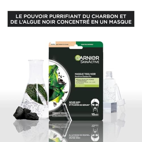 GARNIER Skin Active - Masque Visage Tissu Charbon Végétal - Réducteur De Pores & Hydratant - Charbon Pur, Acide Hyaluronique, LHA & Algue Brune - Vegan & Cruelty Free - Peaux Sensibles - x1 - Image 4