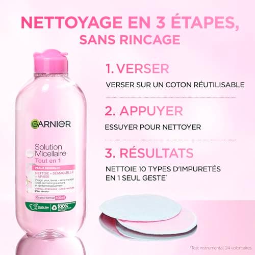 GARNIER Skin Active - Solution Micellaire Tout-En-1 - Nettoie, Démaquille & Hydrate - Micelles & Glycérine Hydrantante - Sans Parfum - Visage, Yeux, Lèvres - Peaux Sèches & Sensibles - 400 ml - Image 7