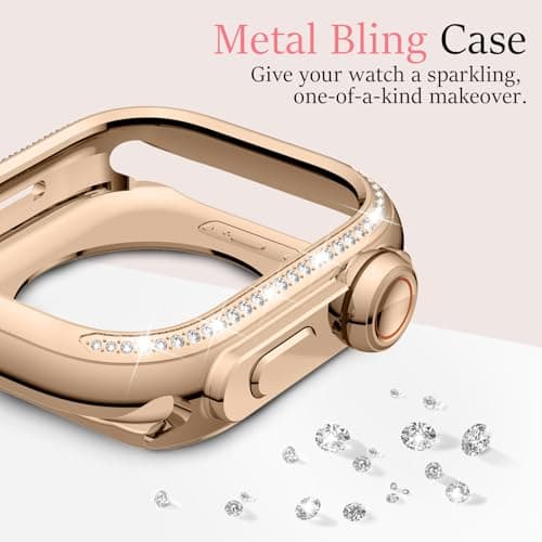 Amizee 2 in 1 Metal Bling Case Compatible with Apple Watch Series 11/10 46mm with Women, Shine Diamond Protector Metal Bumper Cover for iWatch 46mm, Rose Gold/White - Image 4