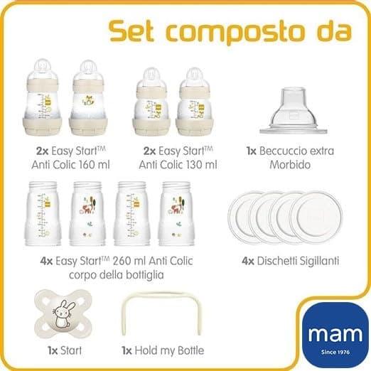 Mam Ensemble de 8 biberons de 130 ml, 160 ml et 260 ml, 1 tétine Start Nanò, 4 disquettes, 1 bec souple et poignées, couleur beige - 730 g, 14,2 x 16,8 x 21,2 cm ; 720 grammes - Image 4