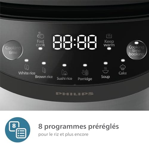 Philips 3000 Series Rice Cooker - Compact 0.85 L, 8 Automatic Menus, 4-Layer Non-Stick, Quick Cook in 30 Minutes, Black and Silver Design (HD3093/80) - Image 4