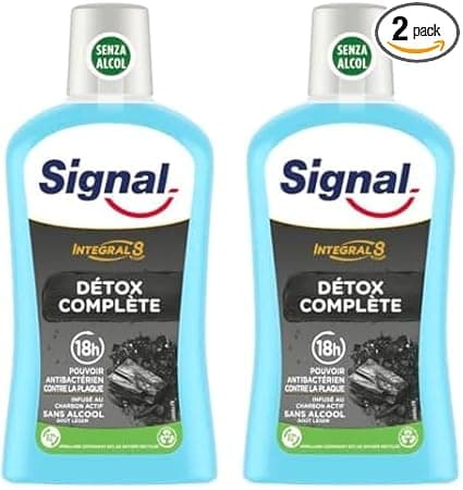 Signal SIGNAL - Bain de Bouche Intégral 8 Détox Complète - Infusé au Charbon Actif - Enrichi en Zince Minéral pour une éfficacité antibactérienne pendant 18h - Sans Alcool - 500ml (Lot de 2)