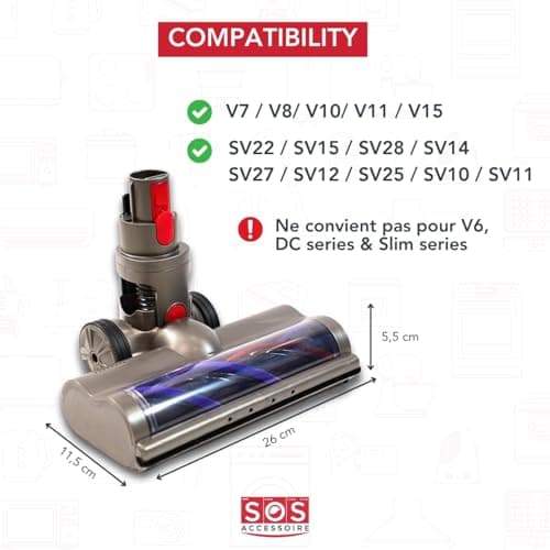 SOS Accessoire Brush Compatible with Dyson V7, V8, V10, V11, V15 Vacuum Cleaners - Direct Drive Cleaning Head with Bright LED - Hard Floors and Carpets - SOS - Image 3