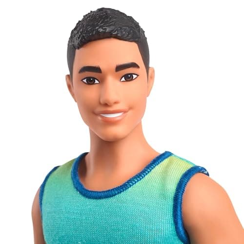 Barbie Fashionistas Ken Doll with Black Hair, Blue and Green Gradient Tank Top, Denim Shorts and Silver Sneakers, HYV00 - Image 4