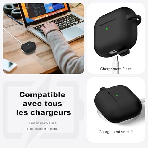 R-fun Compatible with AirPods 3rd Generation 2021 Charging Case Cover, Soft Silicone Protective Case Compatible with Apple Airpod 3 Gen with Cleaner Kit & Keychain, Black - Image 5