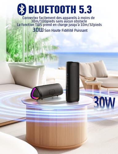 Portable Bluetooth Speaker 5.3 Wireless Speaker 30W with Pairing TWS 24H Autonomy 30m Distance LED Light RGB Waterproof IPX5 HD Stereo Hands-Free Call for Parties Travel Outdoor - Image 3
