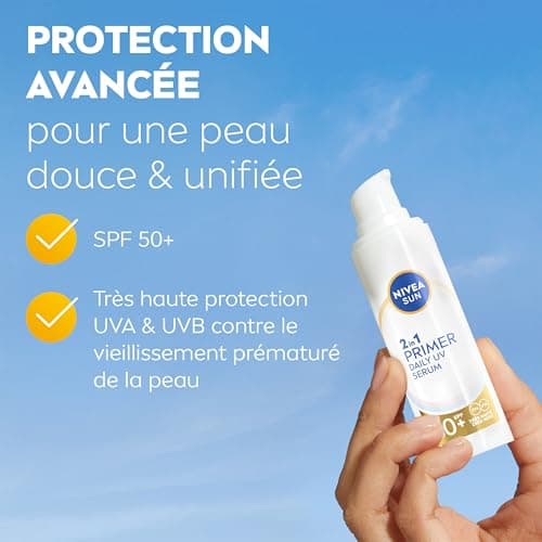 NIVEA SUN Sérum Primer Quotidien UV 2en1 SPF 50+ (1 x 30ml) — Sérum Visage hydratant enrichi en Acide Hyaluronique — Base de maquillage — Soin avec écran solaire visage SPF 50+ sans parfum - Image 3
