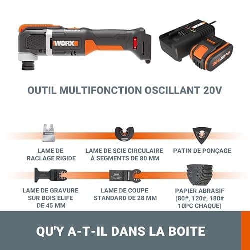 Pack WORX 20V WX696.9 Cordless Oscillating Tool, Powerful 5000/6000 rpm, 3.6° Wide Oscillation Angle, Easy Blade Change, Lightweight, 1 x 4Ah Battery, Fast Charger - Image 8