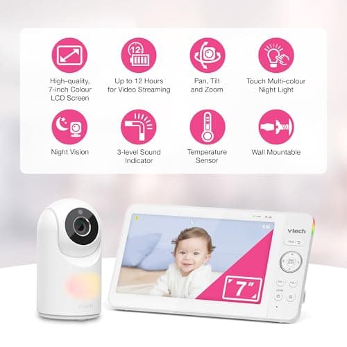 VTech VM7467 Baby Monitor with 7" LCD Screen, Panoramic Tilt Remote Zoom, 178° Wide Angle View, Soothing Sounds and Lullabies, Multi-Color Night Light, Two-Way Talk, - Image 8