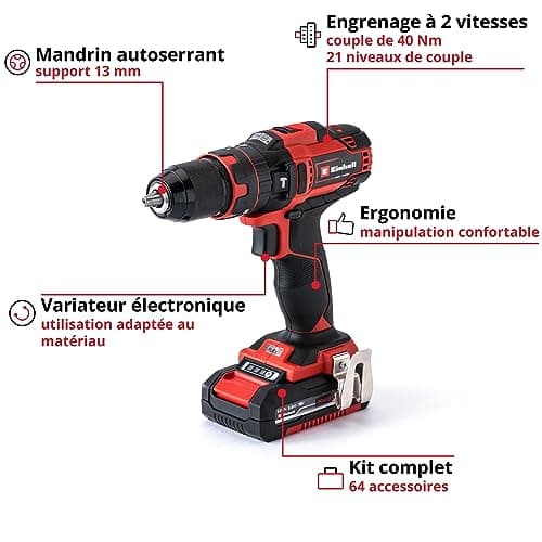 Einhell Perceuse Visseuse à percussion sans fil TE-CD 18/40 Li-i +64 (2x2,0 Ah) Power X-Change (Li-Ion, 18V, Couple 40 Nm) Livré avec 2 Batteries 2,0Ah, Chargeur et 64 Accessoires - Image 7