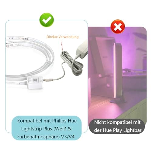 Câble d'alimentation, de 3 m, de rechange, compatible avec Philips HUE Lightstrip Plus (White and Color Ambiance) V3, V4 avec Bluetooth (emballage violet), rallonge d'alimentation de rechange pour - Image 6