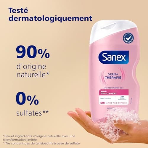 SANEX Derma Thérapie Crème de douche anti-tiraillements | peaux matures |*aide à réparer les peaux squameuses et à réduire les tiraillements|complexe d’acides aminés breveté et vitamines C et E- 425ML - Image 5