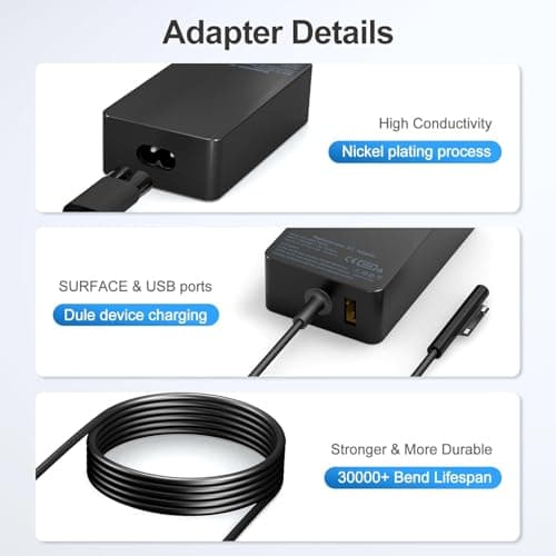 65W Surface Pro Ordinateur Portable Chargeur for Microsoft Surface Pro 8/X/7/6/5/4/3,Surface Book 2/1, Surface Laptop 5/4/3/2/1 Studio,Compatible avec Microsoft Chargeur 65W,USB Type A 2 Pin NA - Image 5