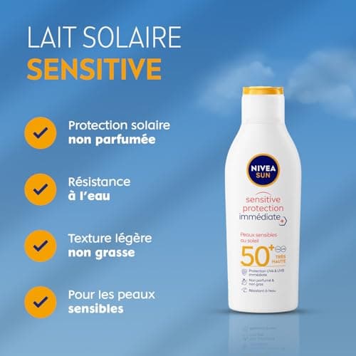 NIVEA SUN Lait solaire Sensitive protection immédiate FPS 50+ (1x200 ml), protection anti UV non parfumée & résistante à l’eau, écran solaire texture légère non grasse pour peaux sensibles - Image 4