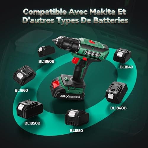 20V Cordless Drill Bit Driver, Max 42Nm Cordless Drill Devicer, 2 Speed Screwdriver, Compatible with Makita Batteries, 2000mAh Battery, 25+1 Torque, 10mm Chuck, LED Green - Image 3