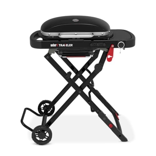 Weber Traveler Compact gas barbecue/Foldable and portable design with wheels, automatic lid lock, lid with thermometer, 1 burner, cooking surface 52 x 36 cm, black - Image 3
