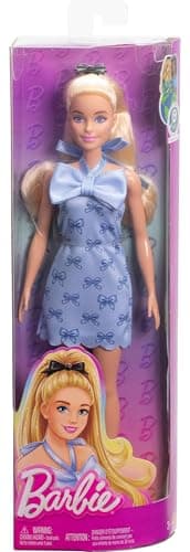 Barbie Barbie Fashionistas Baby Blue Halter Dress Doll with Blonde Wavy Ponytail, Black Bow and Matching Blue Heels - Image 7