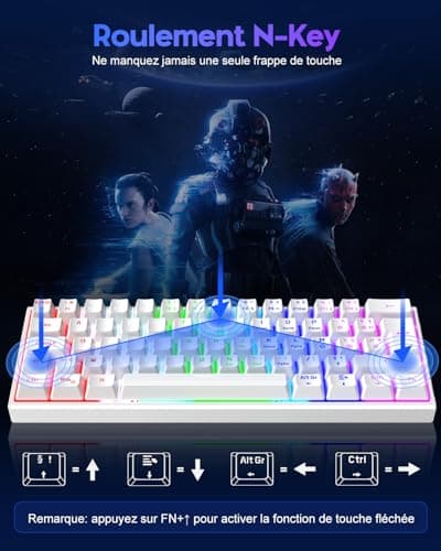 TECURS AZERTY Mechanical Gaming Keyboard, Wired Gaming Keyboard, 60% Mini LED Backlit Keyboard, Anti-Ghosting, Blue Switches for PC/Windows/PS4/PS5, White - Image 8