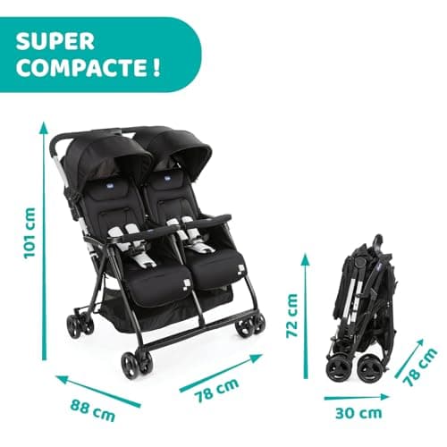Chicco OHlalà Poussette Canne Double, Légère Inclinable et Pliable, Poussette pour Jumeaux de la Naissance à 15 kg, Fermeture Compacte, Inclus une Housse de Pluie, Capote Extensible - black night - Image 7