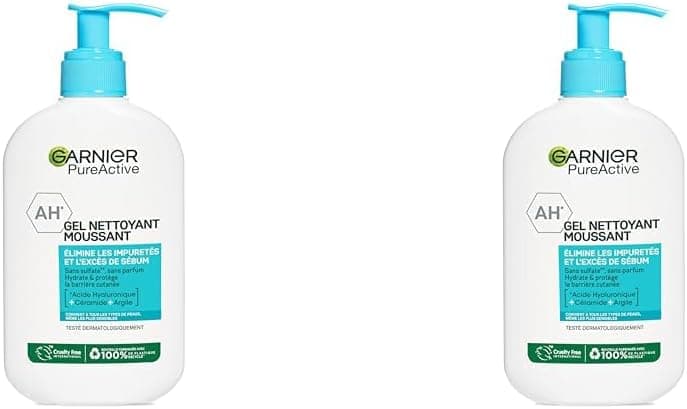 Garnier Pure Active - Gel Nettoyant Moussant Visage - Nettoie & Hydrate - Enrichi en Acide Hyaluronique, Céramide & Argile - Tous Types de Peaux - 250 ml (Lot de 2)