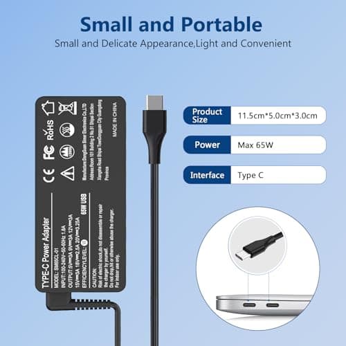 YBXYJQT 65W USB C Fast Charger Compatible with Lenovo Thinkpad X1 Carbon, T14, T15, T480, T490, T580, T590, E480, E490,Chromebook C330, S330, 100e, 300e, 500e,Yoga 720,910,920 Portable Adapter - Image 4