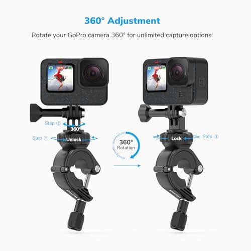 Handlebar Clamp Mount Motorcycle Bike Clamp Mount Tube Mount Compatible with GoPro Hero 13 12 11 10 9 8 7 6 5 Session DJI Action Cameras - 360 Swivel - Image 3