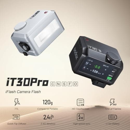 Godox iT30Pro-S iT30Pro S Mini Camera Flash with Diffuser White 560 Full Power Flashes 2.4G Wireless Master & Receiver GN15 TTL 1/8000s for Sony DSLR (Black) - Image 6