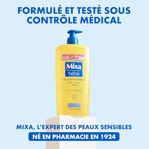 Mixa Bébé Gel 2 en 1 Corps et Cheveux Très Doux - À l'Huile d’Amande Douce -Hypoallergénique - pH Neutre - Maxi Format Familial 750 ml - Image 6
