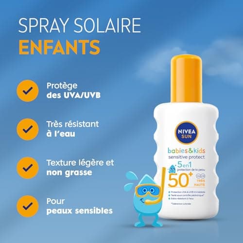 NIVEA SUN Kids Spray solaire Protect & Play Sensitive FPS 50+ (1x200 ml), protection anti UV sans parfum & ultra résistante à l’eau, écran solaire enrichi en aloe vera - Image 3