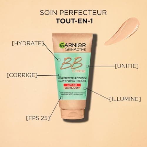 GARNIER Skin Active - BB Cream Anti-Aging - All-in-1 Perfecting Care - Firms & Hydrates - SPF 25 - Hyaluronic Acid & Aloe Vera - Vegan & Cruelty Free - All Skin Types - Light Tint - 50 ml - Image 6