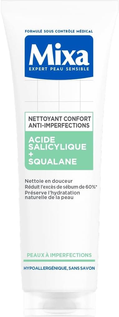 Mixa - Comfort Anti-Blemish Cleanser with Salicylic Acid and Squalane - Combination to Oily Skin Blemishes - Facial Moisturizing Protective - Makeup Remover for Oily Skin - 150 ml