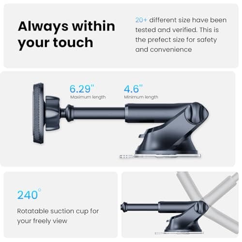 APPS2Car Magnetic Car Phone Holder, Dashboard/Windshield Holder, Car Phone Holder with Adjustable Telescopic Arm, 6 Powerful Magnets for All Mobile Phones - Image 5