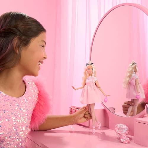Barbie Deluxe Style Barbie Doll in Barbiecore Fashion Outfit with Blonde Hair Styled in High Bun Pastel Pink Dress with Big Bow and Accessories Such as Fishnet Tights HYV27 - Image 3