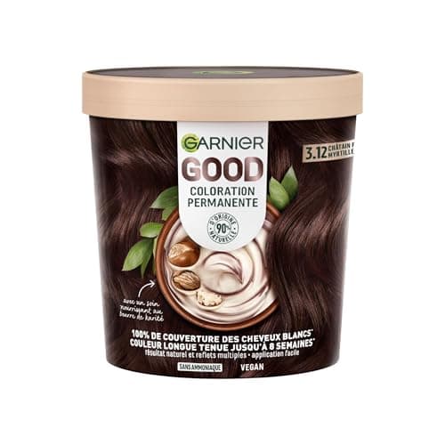 Garnier - Coloration Permanente - Sans Ammoniaque - 90% d'Ingrédients d'Origine Naturelle et Formule Vegan - Beurre de Karité - 100% Couverture Cheveux Blancs - Châtain Foncé Myrtille (3.12) - Good - Image 2
