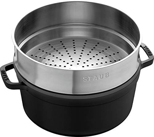 STAUB Enamelled Cast Iron Casserole Dish with Lid and Steam Basket, Suitable for All Heat Sources Including Induction, 4 to 5 People, Round, 26 cm, 5 L, 7.2 kg, Matte Black - Image 4