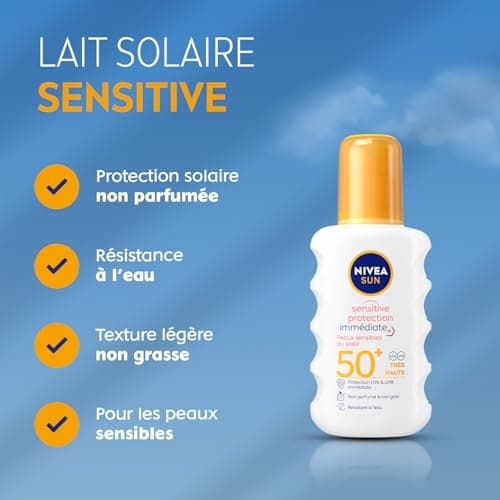 NIVEA SUN Spray solaire Sensitive protection immédiate FPS 50+ (1x200 ml), protection anti UV adaptée aux peaux sensibles, écran solaire texture légère & non grasse - Image 3