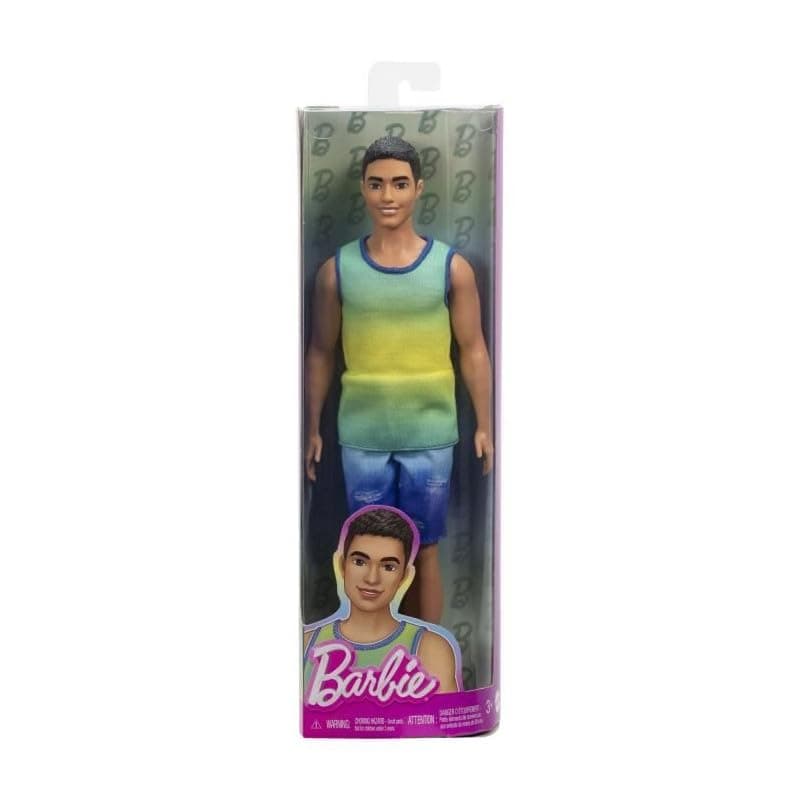 Barbie Fashionistas Ken Doll with Black Hair, Blue and Green Gradient Tank Top, Denim Shorts and Silver Sneakers, HYV00 - Image 5