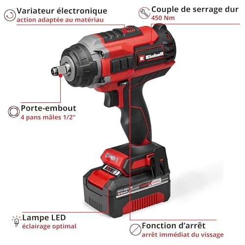 Einhell Professional Impaxxo 18/450 Cordless Nutrunner (1 x 4.0 Ah) Power X-Change (18 V, 450 Nm, Brushless Motor, 4-Point Male Bit Holder, with 4 Ah Battery, Charger, Socket Set) - Image 4