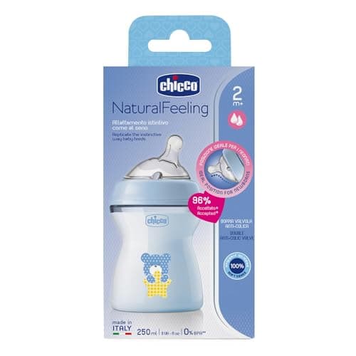 Chicco Natural Feeling Anti-Colic Bottle 2M Plus 250 ml with Silicone Teat - Medium Flow - Blue - Image 3