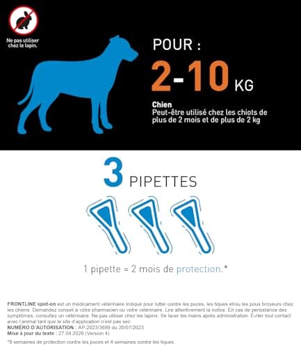 Frontline Spot-on Dog Anti-Fleas, Ticks & Lice Crushers – Protects for 8 Weeks Against Fleas/4 Weeks Against Ticks – for Small Dogs 2 to 10 kg – Made in France – 3 Pipettes - Image 7