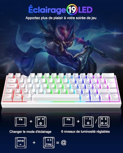 TECURS AZERTY Mechanical Gaming Keyboard, Wired Gaming Keyboard, 60% Mini LED Backlit Keyboard, Anti-Ghosting, Blue Switches for PC/Windows/PS4/PS5, White - Image 7