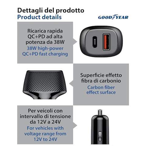 Goodyear 1 USB Q.C 3.0 & 1 USB-C PD20 W, Fast Mobile Charging, Car Cigarette Lighter Socket, 2 USB Ports/USB-C - Image 6