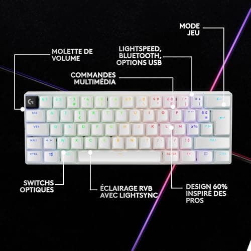 Logitech G Pro X 60 Lightspeed Wireless Gaming Keyboard, Mechanical Compact TKL 60 percent, LIGHTSYNC RGB, Double Layer PBT Keys, Optical GX Touch Switches, Windows PC, AZERTY FR – White - Image 6