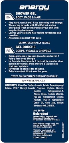 NIVEA MEN Gel Douche Energy (1 x 500 ml) - Soin lavant enrichi en extrait de menthe vivifiante - Gel douche homme 3 EN 1 — Soin nettoyant Corps Visage & Cheveux Vivifiant Effet Fraîcheur 24H - Image 3