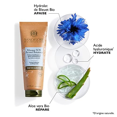 Sanoflore Masque SOS Aciana Botanica – Masque Hydratant Apaisant Visage Certifié Bio – Au Bleuet Bio – À l’acide hyaluronique naturel - À l’Aloe Vera Bio – 75ml - Image 4