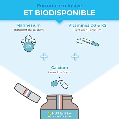 Calcium, Magnesium and Vitamins D3 & K2 - Bone Health Complex - Strengthens Bones and Muscles - Supports Bone Density - 90 Vegan Capsules - Nutrimea - Made in France - Image 6