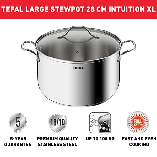 Tefal Intuition XL B8646404 Large Stainless Steel Cooking Pot 28 cm / 8 L, Induction, 5 Year Warranty, Premium 18/10 Stainless Steel, Size XL, Sturdy Handles, Glass Lid - Image 5