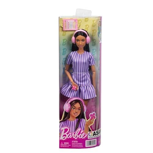 Barbie Barbie Fashionistas Autistic doll wearing a purple striped dress, with accessories such as a hand spinner, tablet and headphones - Image 7