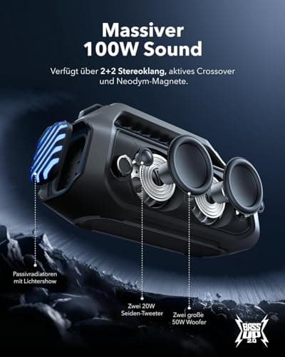 Soundcore Boom 2 Plus Enceinte Bluetooth puissante, 140W, 2+2 canaux stéréo, BassUp 2.0,Charge Rapide 30W, 20h, IPX7, lumières RGB, USB-C, pour l'extérieur, Le Camping, et la Plage (Reconditionné) - Image 4